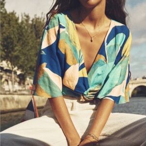 Zara Blue and Cream Patterned Top